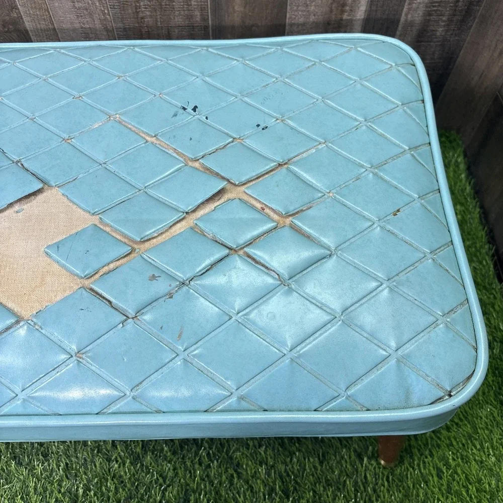 Vintage MCM Vinyl Bench Ottoman Blue Diamond Tufted Needs Repair